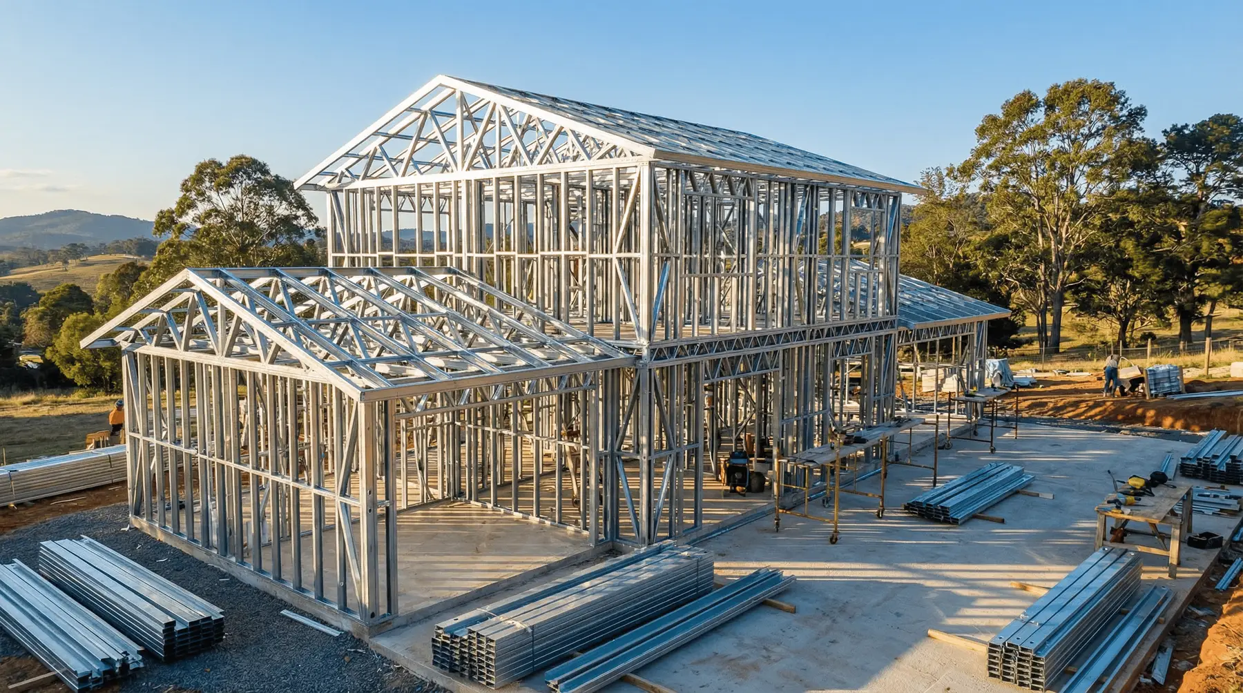Casa em construção com estrutura de Steel Frame e perfis metálicos no canteiro